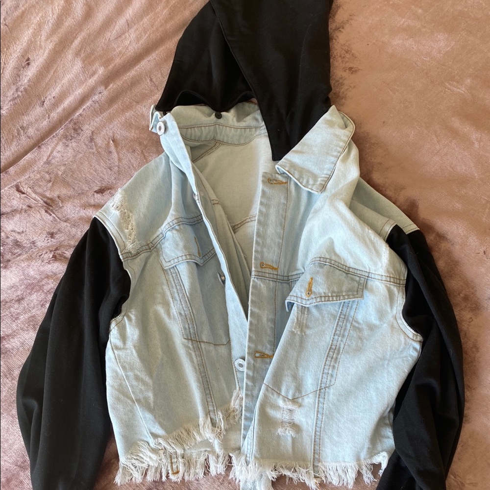 Cropped denim jacket with jersey hood and arms